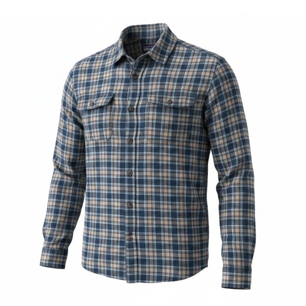 Patagonia Mens Organic Cotton Fjord‎ Flannel Shirt Blue Tan Plaid Long Sleeve M